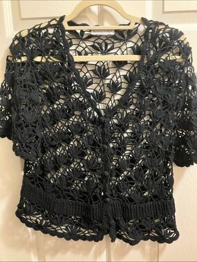 Jessica London Black Crochet Openwork Short-Sleeve Cardigan